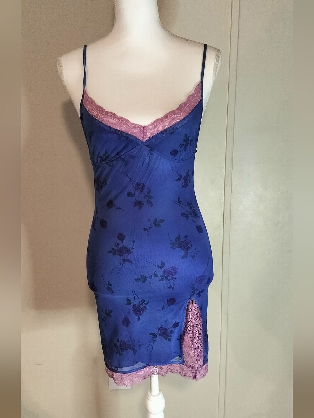 Sotela Blue Floral Slip with Pink Lace Trim